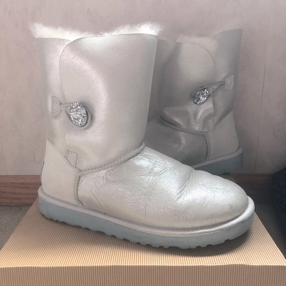 UGG Metallic Silver Sheepskin Button Boots